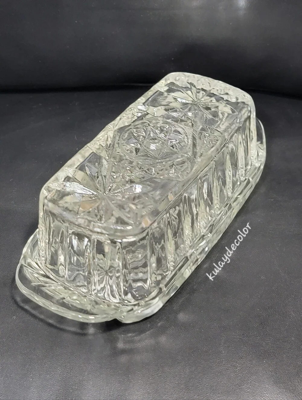 Vintage Anchor Hocking Pressed Glass Covered Butter Dish Star of David Pattern